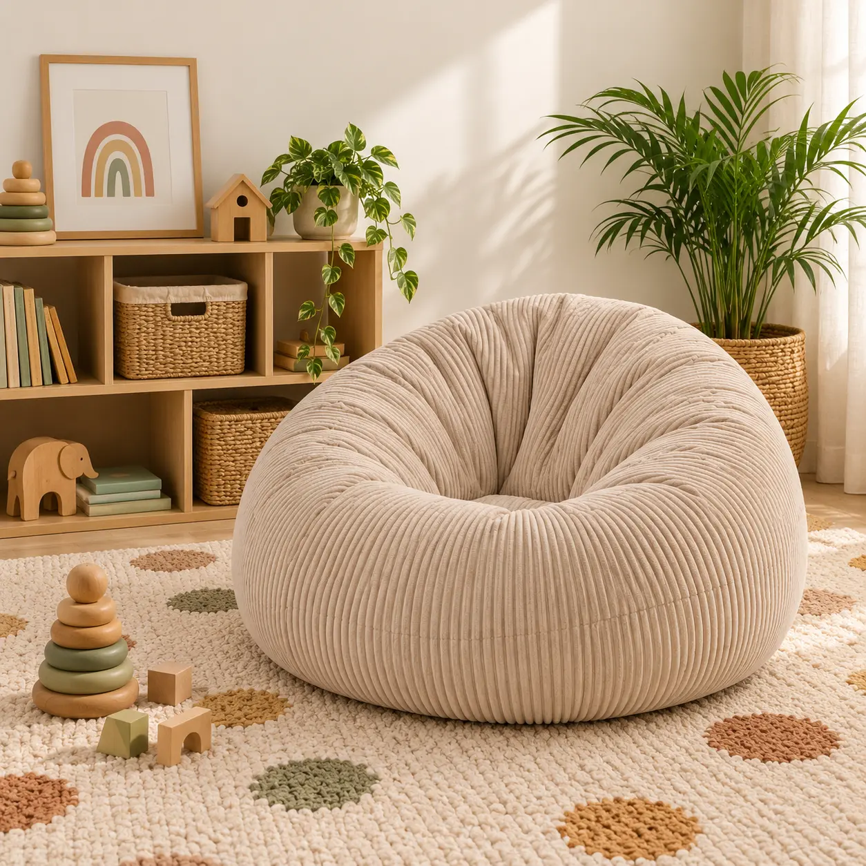 Naviku children’s corduroy beanbag in a warm playroom